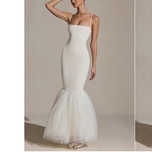 Oh Polly Adelpha Ivory Tulle Hem Fishtail Gown Slinky Satin Maxi Dress NEW Sz6